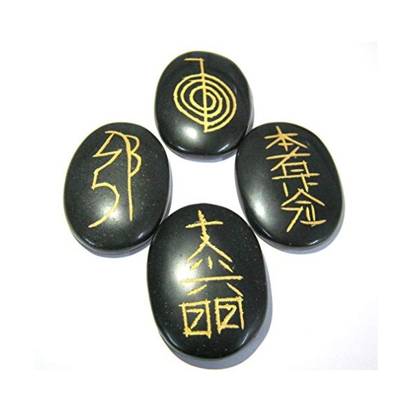 USUI Symbole Reiki Exclusif sculpté Noir Agate quatre Lot de pierres en cristal cadeau bien-être métaphysique de guérison pui