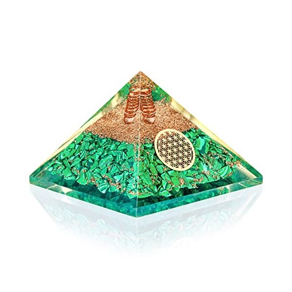 PURA ESPRIT Malachite Orgone Pyramide Fleur De Vie-Cristal De Quartz Clair Brut Point Chakra Pyramide-Générateur DÉnergie Po