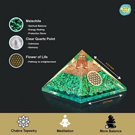 PURA ESPRIT Malachite Orgone Pyramide Fleur De Vie-Cristal De Quartz Clair Brut Point Chakra Pyramide-Générateur DÉnergie Po