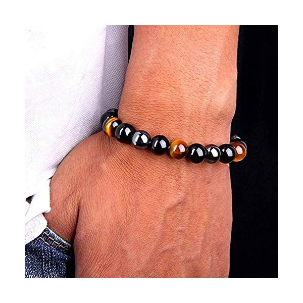 Shop-Story - Bracelet de Protection Triple Action - Association de 3 Pierres Naturelles, Oeil du Tigre, Hématite et Obsidienn