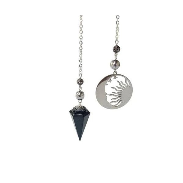 Pendule orgonite exagonale dans des tons noir et argent, avec soleil et lune croissant et pierre semi-précieuse appelée : Shu