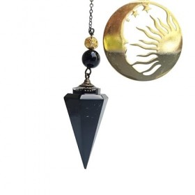 Pendule orgonite exagonale dans les tons noir et or, avec Soleil et lune et pierre semi-précieuse appelée : Shungit