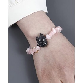 Jewboo Bracelet porte-bonheur en quartz rose/obsidienne noire pour femme avec cristaux et pierres pour soulager lanxiété 15