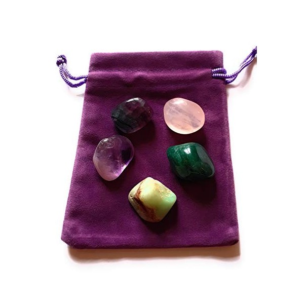 Wild Therapies Lot de 5 pierres polies dénergie positive et de bonheur – améthyste, quartz rose, fluorite, chrysoprase, aven