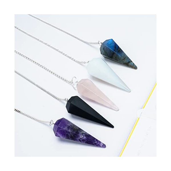 Crocon Healing Crystal Pendulum Set of 5 for Dowsing Divination 6 Faceted Pointed Healing Reiki Quartz Witch Wicca Dowsing 