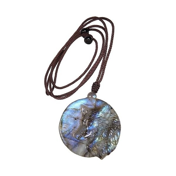 Nupuyai Collier en pierre de labradorite pour femme et homme, pendentif en pierre naturelle sculptée avec corde réglable, Pie