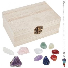 PLIGREAT Set de cristaux et pierres de guérison, Kit de cristaux de guérison pour 7 chakras avec boîte en bois, quartz rose, 