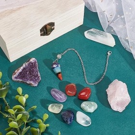 PLIGREAT Set de cristaux et pierres de guérison, Kit de cristaux de guérison pour 7 chakras avec boîte en bois, quartz rose, 