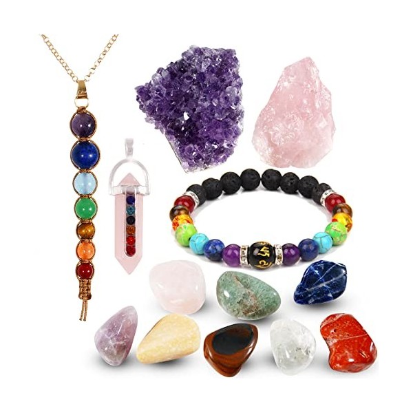 Soulnioi Cristal de guérison, énergie naturelle, améthyste, 7 chakras, cristal de poche, cristal de quartz rose, pierre brute