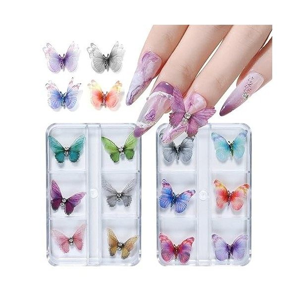 12pcs Clous en Gaze de Papillon Charmes dOngle en Papillon Clous dOngle en Papillon Transparent à Paillettes Conception de 