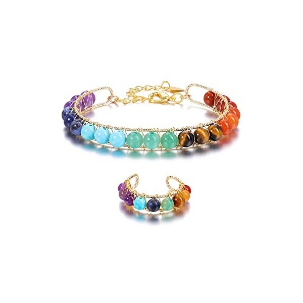 GEHECRST 7 Chakra Bracelet avec anneau de chakra naturel - Bracelet de yoga guérison Reiki - Thérapie énergétique - Pour homm