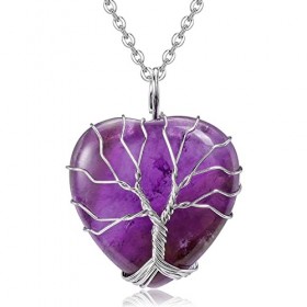 RIXERKOC Collier de cristal de guérison en Quartz rose naturel Arbre de vie Pendentif en pierre de coeur en fil de fer Bijoux