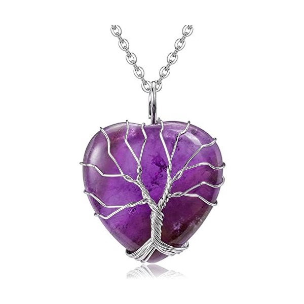 RIXERKOC Collier de cristal de guérison en Quartz rose naturel Arbre de vie Pendentif en pierre de coeur en fil de fer Bijoux