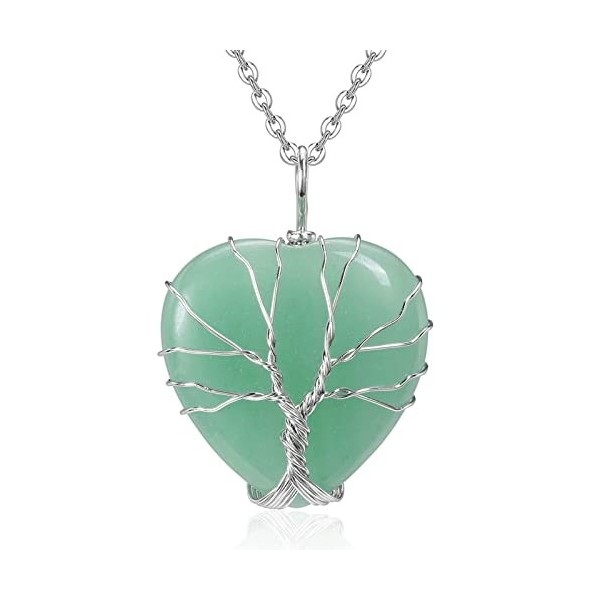 RIXERKOC Collier de cristal de guérison en Quartz rose naturel Arbre de vie Pendentif en pierre de coeur en fil de fer Bijoux