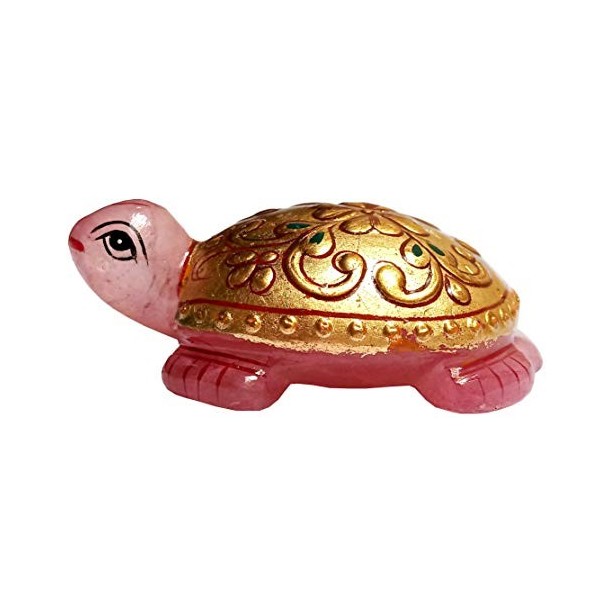 Purpledip Statue de tortue en quartz rose avec peinture dorée - Polie à la main - Pierre précieuse naturelle de guérison - Id