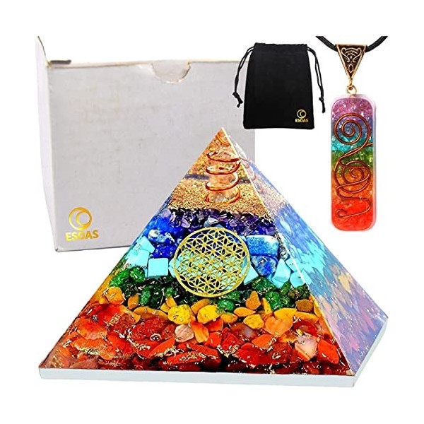 Pyramide Orgonite 7 Chakra Fleur de Vie 7x7x5cm avec Pendentif, Orgone en Pierres Naturelles Véritables et Résine, Générate