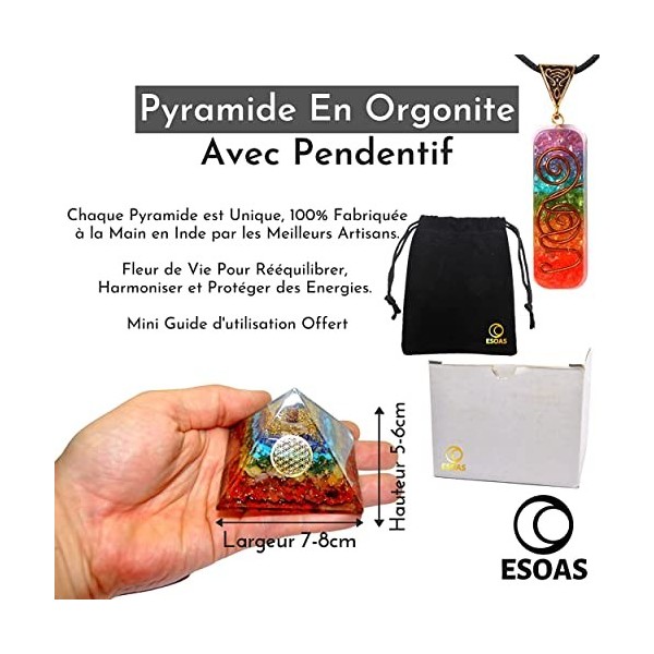 Pyramide Orgonite 7 Chakra Fleur de Vie 7x7x5cm avec Pendentif, Orgone en Pierres Naturelles Véritables et Résine, Générate