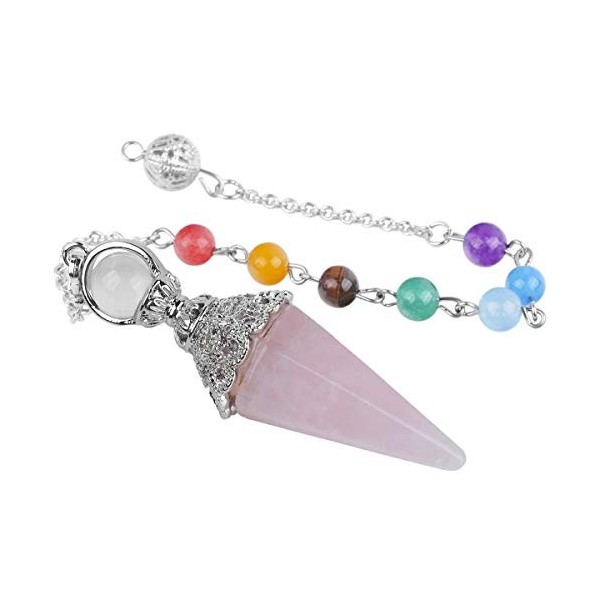 KYEYGWO Cristal de Roche, Pendule de Radiesthésie en Cristal hexagonal avec Chaîne en Pierre 7 Chakras, Pendentifs en Pierre 