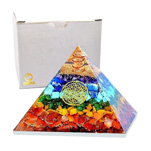 Pyramide Orgonite 7 Chakra Fleur de Vie 7x7x5cm , Orgone en Pierres Naturelles Véritables et Résine, Générateur Accumulateur