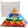 Pyramide Orgonite 7 Chakra Fleur de Vie 7x7x5cm , Orgone en Pierres Naturelles Véritables et Résine, Générateur Accumulateur