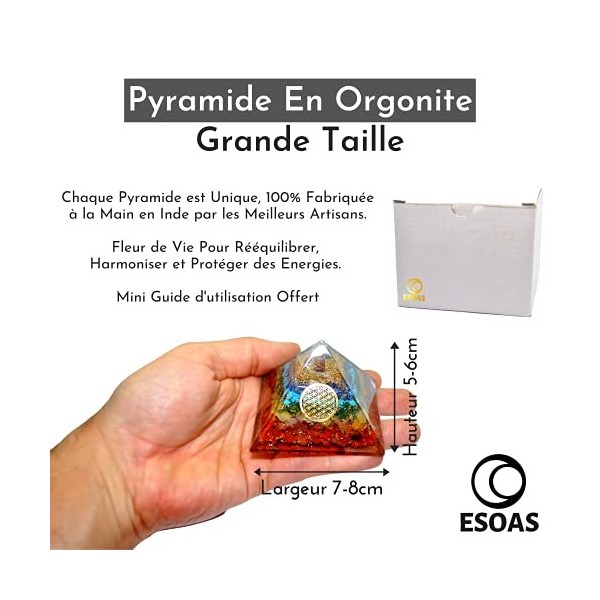 Pyramide Orgonite 7 Chakra Fleur de Vie 7x7x5cm , Orgone en Pierres Naturelles Véritables et Résine, Générateur Accumulateur