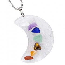 mookaitedecor Pendentif lune en cristal de sélénite et pierres de 7 chakra pour unisexe, Collier en forme de croissant de pie