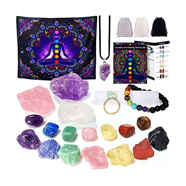 22 pièces de cristaux de guérison pour la guérison, le kit de pierres de chakra comprend une boîte et des instructions pour l