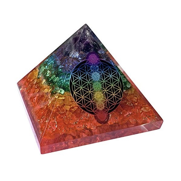 CHONIT Orgonite Pyramide de Chakra Mix Multicolore avec symbole Fleur de Vie Protection Petit Cristal de Roche Décoration pou