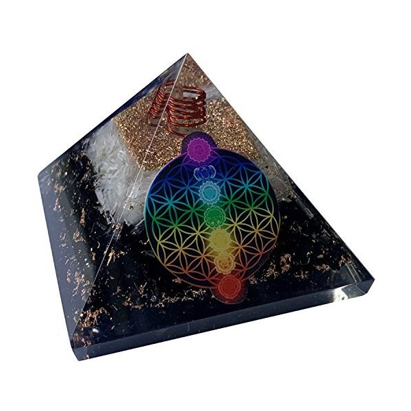 CHONIT Orgonite Pyramide de Chakra Mix Multicolore avec symbole Fleur de Vie Protection Petit Cristal de Roche Décoration pou