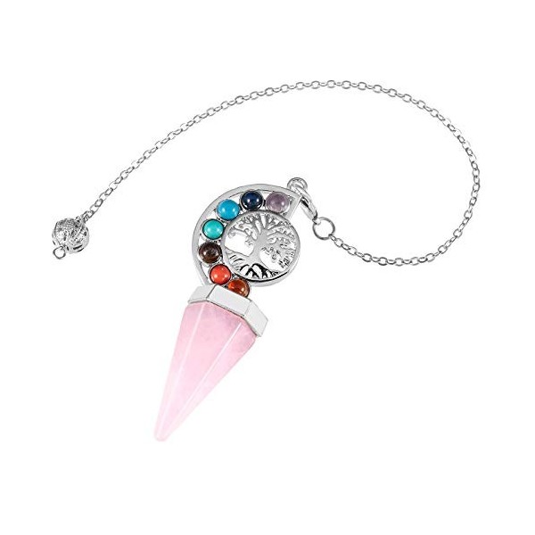 KYEYGWO Quartz Rose 7 Chakra Cristal Point Pendentif en Pierre Pendule Pour Divination, Arbre de vie Reiki Pendule Pour Radie