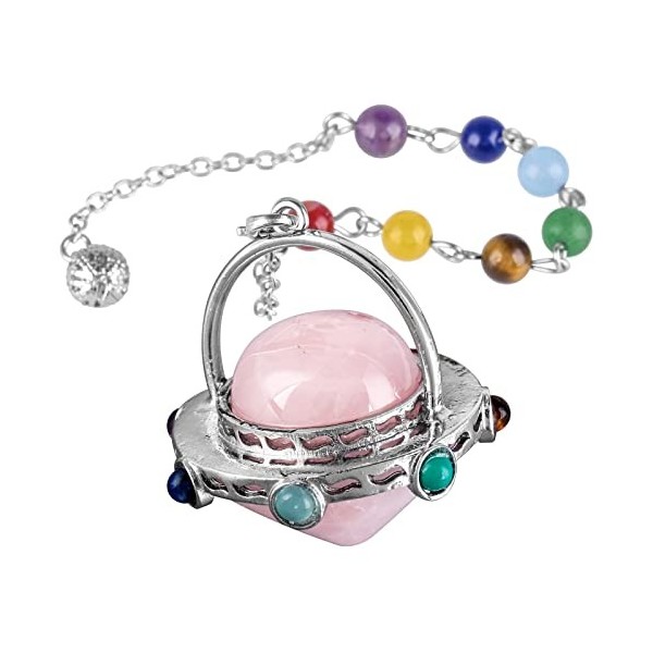 Nupuyai Pendule 7 chakras en cristal de quartz rose pour la divination, la radiesthésie, la guérison énergétique avec chaîne 