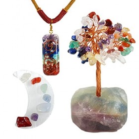 Ensemble de cristaux de guérison dénergie naturelle des sept chakras - 1 pierre écrasée - 1 collier avec pendentif carré et 