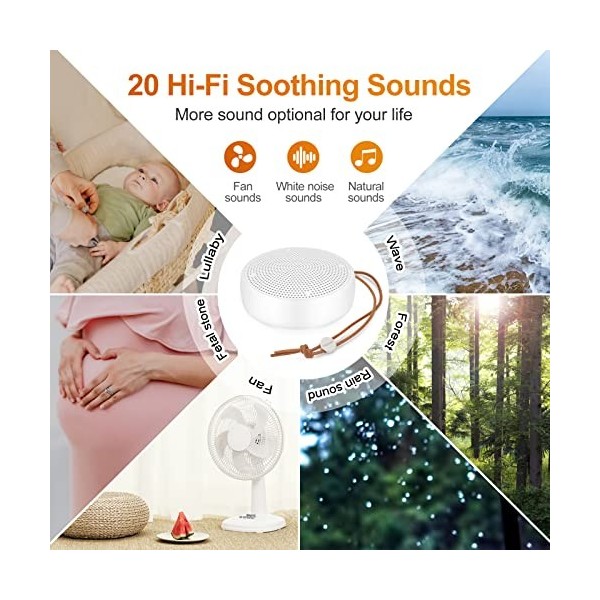 Kipcush Sonorisateur de sommeil, rechargeable, portable à bruit blanc, adapté aux écouteurs filaires, 20 sons apaisants natur