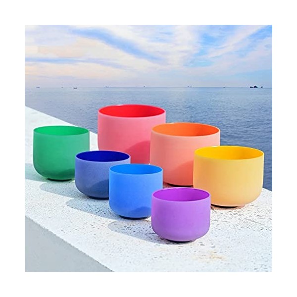 6"-12" Chakra Note Set of 7pcs CDEFGAB Colored Frosted Quartz Crystal Singing Bowl Color : 432Hz 440hz 