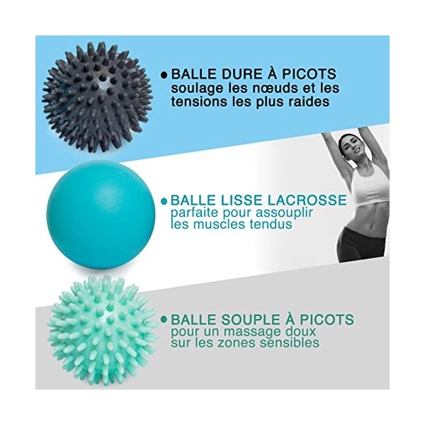 RELAX Set unique de 3 balles de massage différentes - lisse lacrosse et balles à picots - Réflexologie Acupression - Elimine 