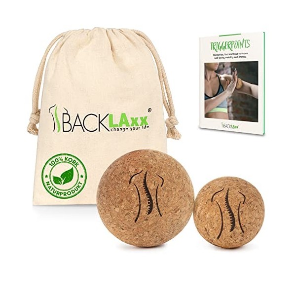 BACKLAxx ® Balle de massage 5 cm + 7 cm – Balle massage durable en liège avec sac de rangement – balle antibactérienne idéa