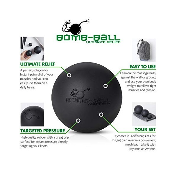 Bomb-Ball Black Massage Ball Set - Fascias + balles de crosse pour une détente musculaire ultime, automassage, entraînement d