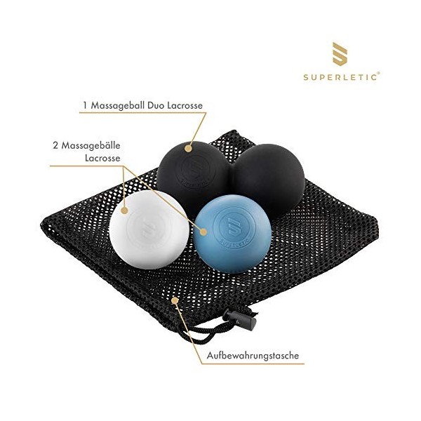 SUPERLECTIC Elite Set de 3 Balles de massage, boules Lacrosse en caoutchouc dur pour exercice, Diamètre 6 cm, Boule d’auto-ma