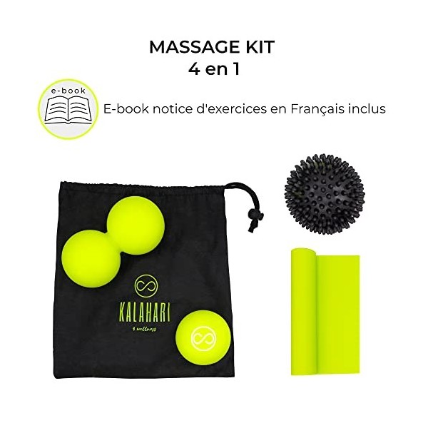 KALAHARI Balles de Massage KIT - plus Ebook d’exercices en Français - Boules Dou Peanut, à Picots, Lacrosse et Bande Élastiqu