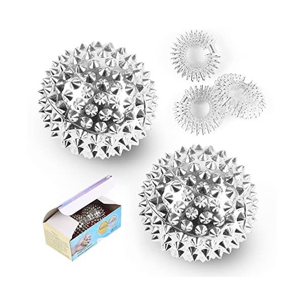 Lot de 2 balles magnétiques Acupressure et 3 anneaux de massage pour les doigts hérisson - Diamètre : 32 mm - Pour soulager l