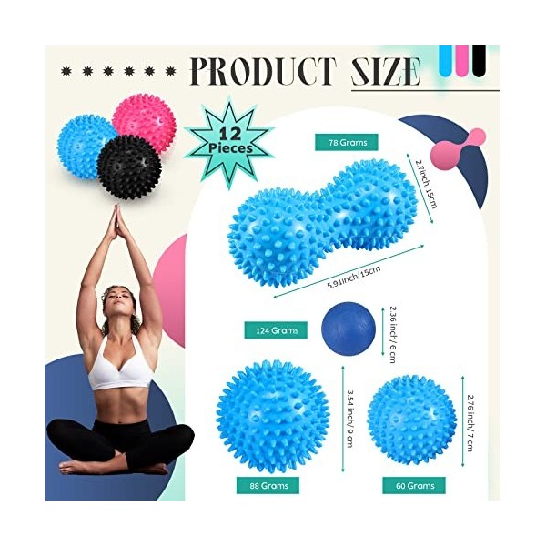 Set de 12 Pièces Boules de Massage Boule de Fascia Balle de Crosse Double Boule de Hérisson Balle de Massage à Pointes pour M