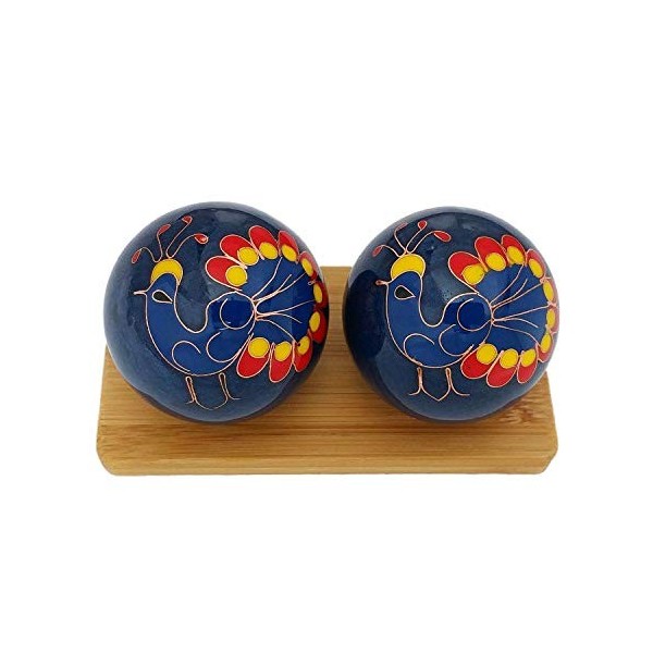 Top Chi Balles de baoding de paon avec support en bambou. Boules de santé chinoises pour thérapie des mains, exercice et soul