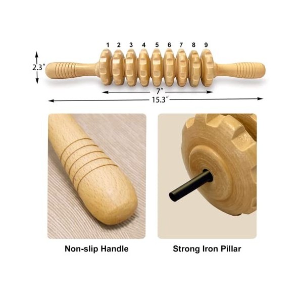 Bipily Accessories Anti Cellulite Masseur Rouleau de Massage Appareil de Disque Maderothérapie Bois 40 cm