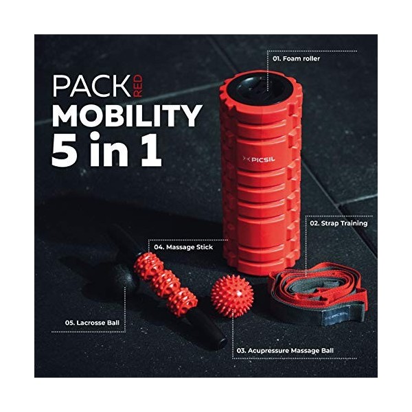 PICSIL Rouleau de massage pour les muscles profonds, Jeu 5 en 1 de rouleaux en mousse, Rouleau en caoutchouc mousse pour mass