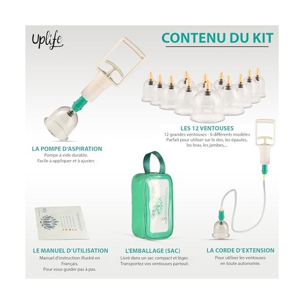 Uplife Kit de 12 Grandes Ventouses Chinoises Anti Cellulite à bord plat et incurvé + Corde Extension. Set dAspiration Cuppin