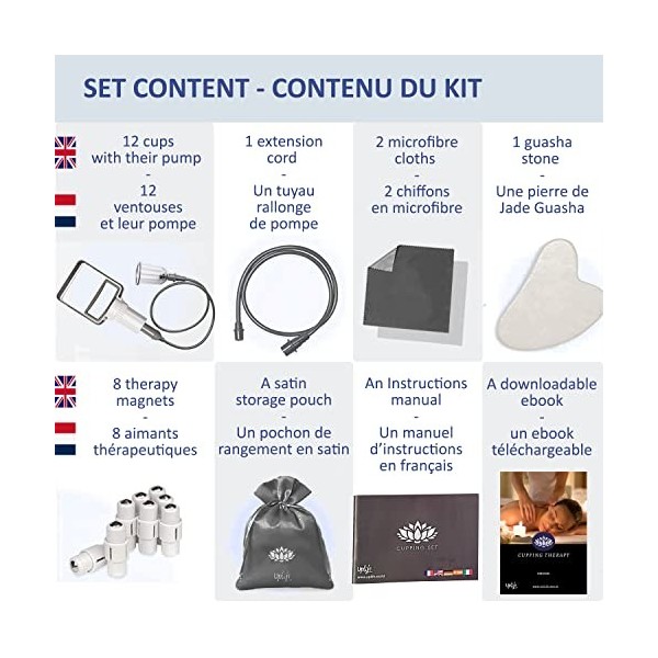 Uplife Kit de 12 Ventouses Chinoises Anti Cellulite de Haute Qualité + Une pierre de Jade Blanche Gua Sha + 2 Tissus en Micro