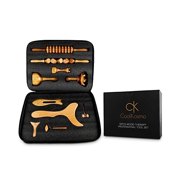 CK CoolKosmo Kit de Maderothérapie Luxe 10 pièces avec Maletín - Planche Gua Sha, Rouleaux, Ventouse, Masseurs Anti Cellulite