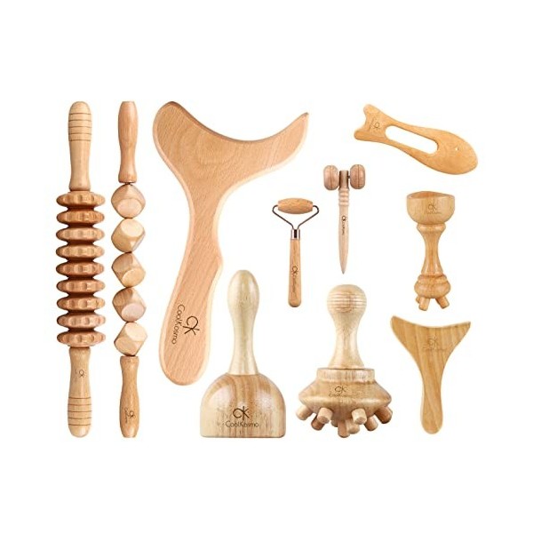 CK CoolKosmo Kit de Maderothérapie Luxe 10 pièces avec Maletín - Planche Gua Sha, Rouleaux, Ventouse, Masseurs Anti Cellulite