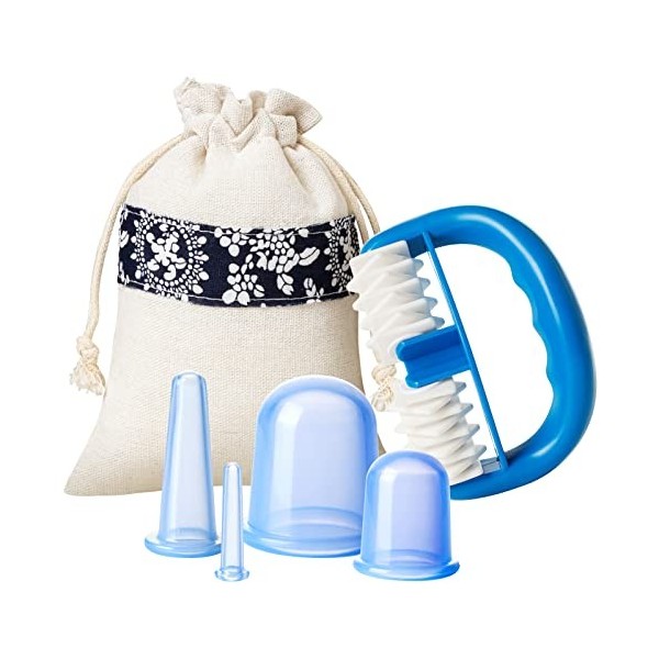 HBselect Kit de thérapie 6 en 1 en silicone avec rouleau de massage et 4 tasses en silicone anti-âge pour le visage entier