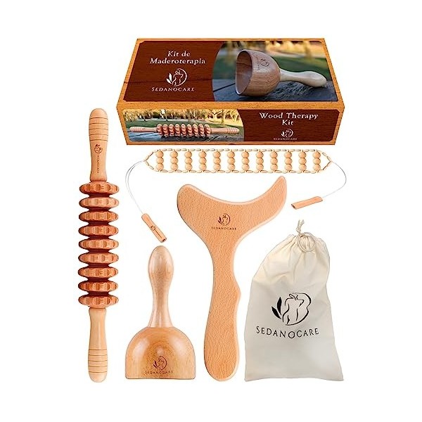 SEDANOCARE | Kit de Maderothérapie 4 en 1, Massage corporel, Bois, Drainage lymphatique, Anti-cellulite, Peau dorange, Roule